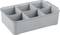 Grey plastic cutlery tray with six equally sized compartments for storing cutlery or kitchen utensils.