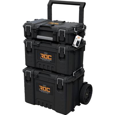 Three black, stackable tool cases on wheels with handle and ROC logo. They are designed for storing tools.