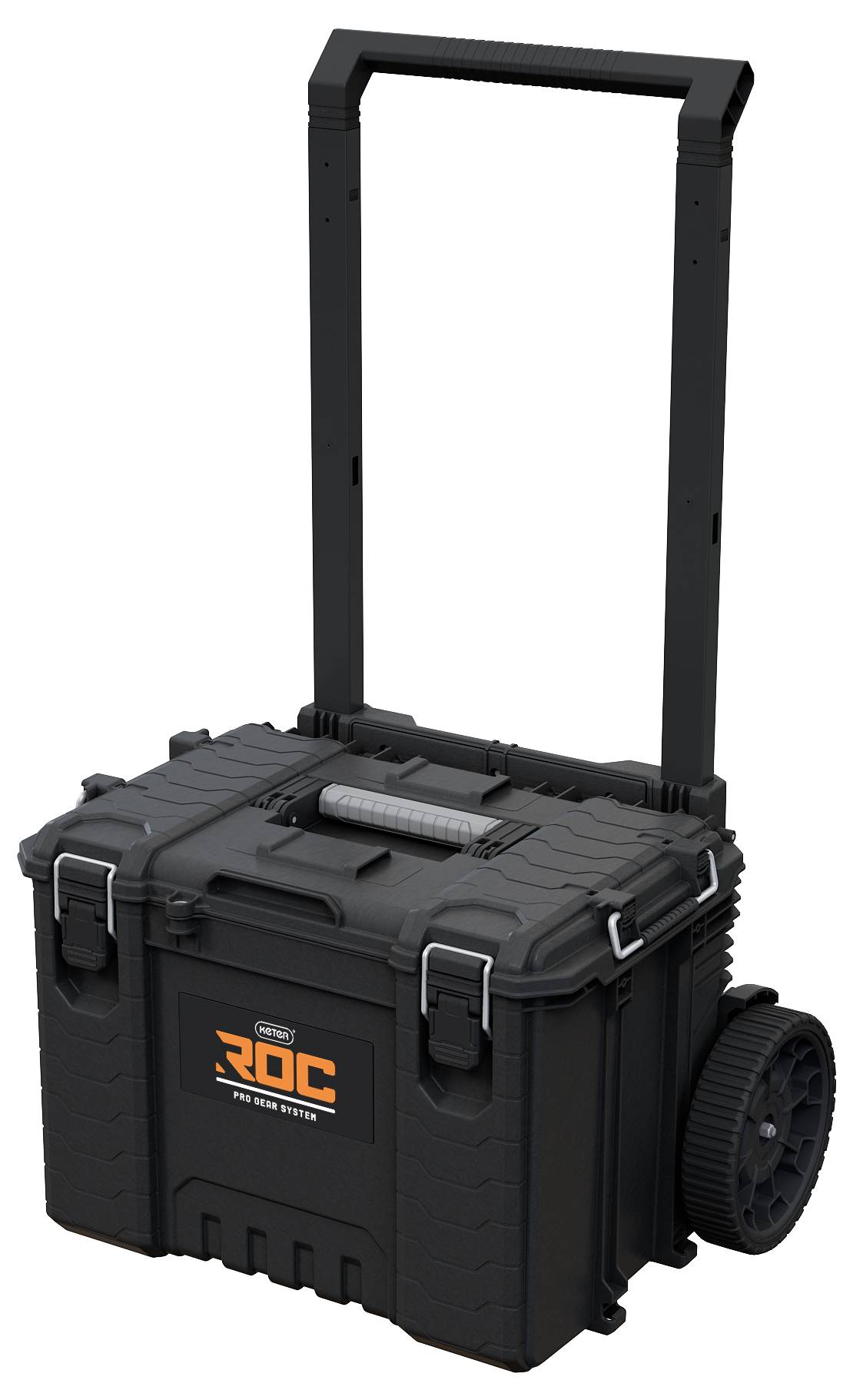 Black rolling suitcase with extendable handle and large side wheels. On the front, it reads 'ROC Pro Gear System'.