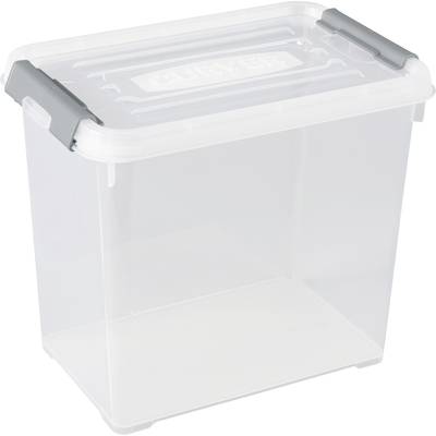 Transparent plastic storage box with grey lids, ideal for storing household items.