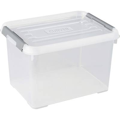 A transparent plastic storage box with grey handles and lid, suitable for storing household items.