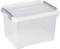 A transparent plastic storage box with grey handles and lid, suitable for storing household items.