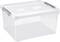 A transparent plastic storage box with a removable lid and grey handles, suitable for storing various items.
