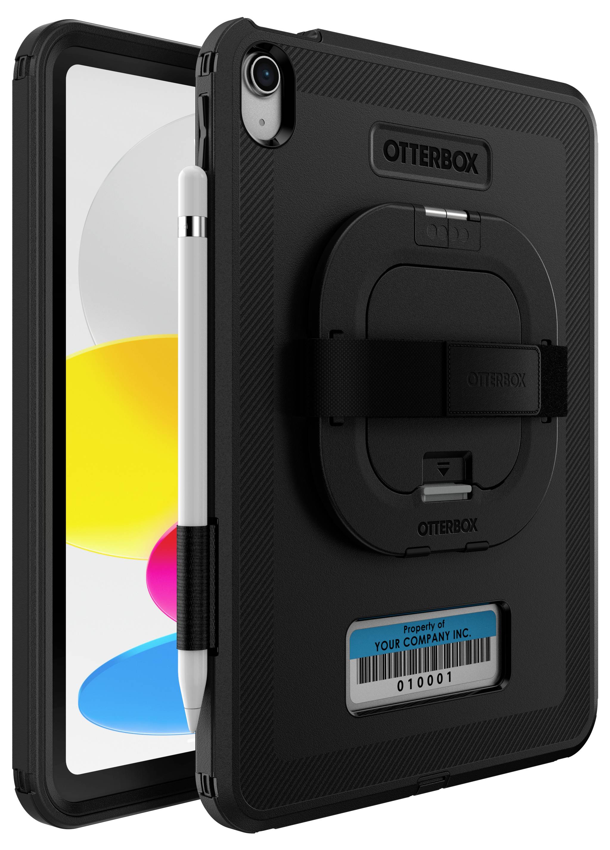 Tablet in a robust black protective case by Otterbox with an integrated pen holder and adjustable stand, suitable for professional use.