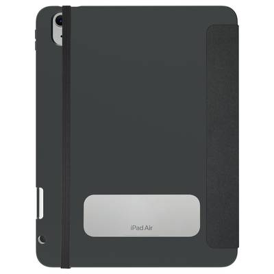 A tablet case encloses a device, most likely an iPad Air, with a visible camera opening and an elastic holding strap.