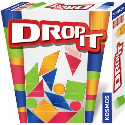 'Drop It' toy packaging, featuring colourful geometric shapes (triangles, circles, squares) on a white background, with the logo at the top.