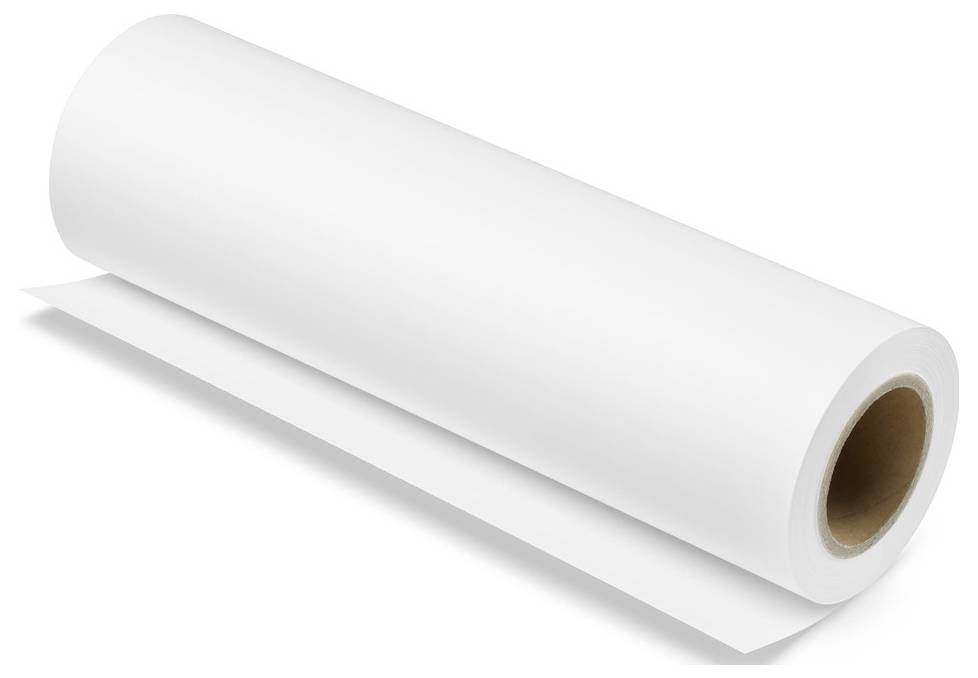 A large white roll of paper lies on its side on a white background, showing the thickness and smooth texture of the paper material.