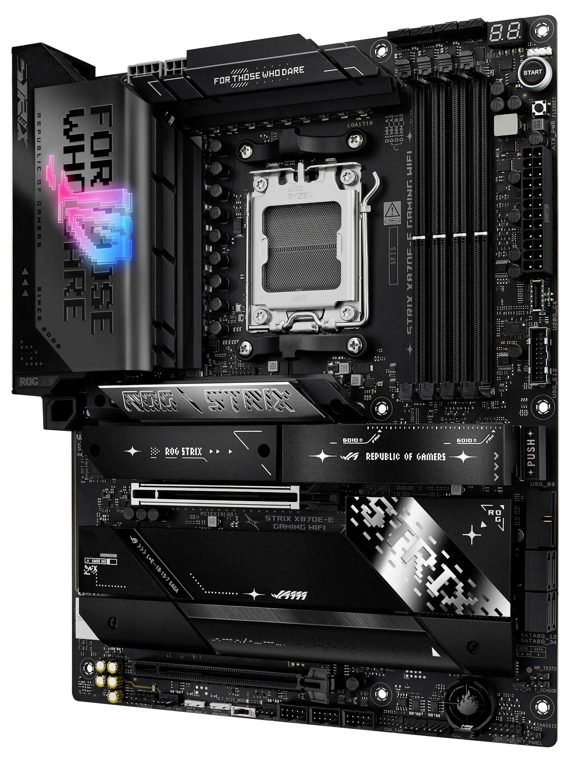 Black computer motherboard with RGB lighting effect, slots for RAM and processor, and inscription 'FOR THOSE WHO DARE'.