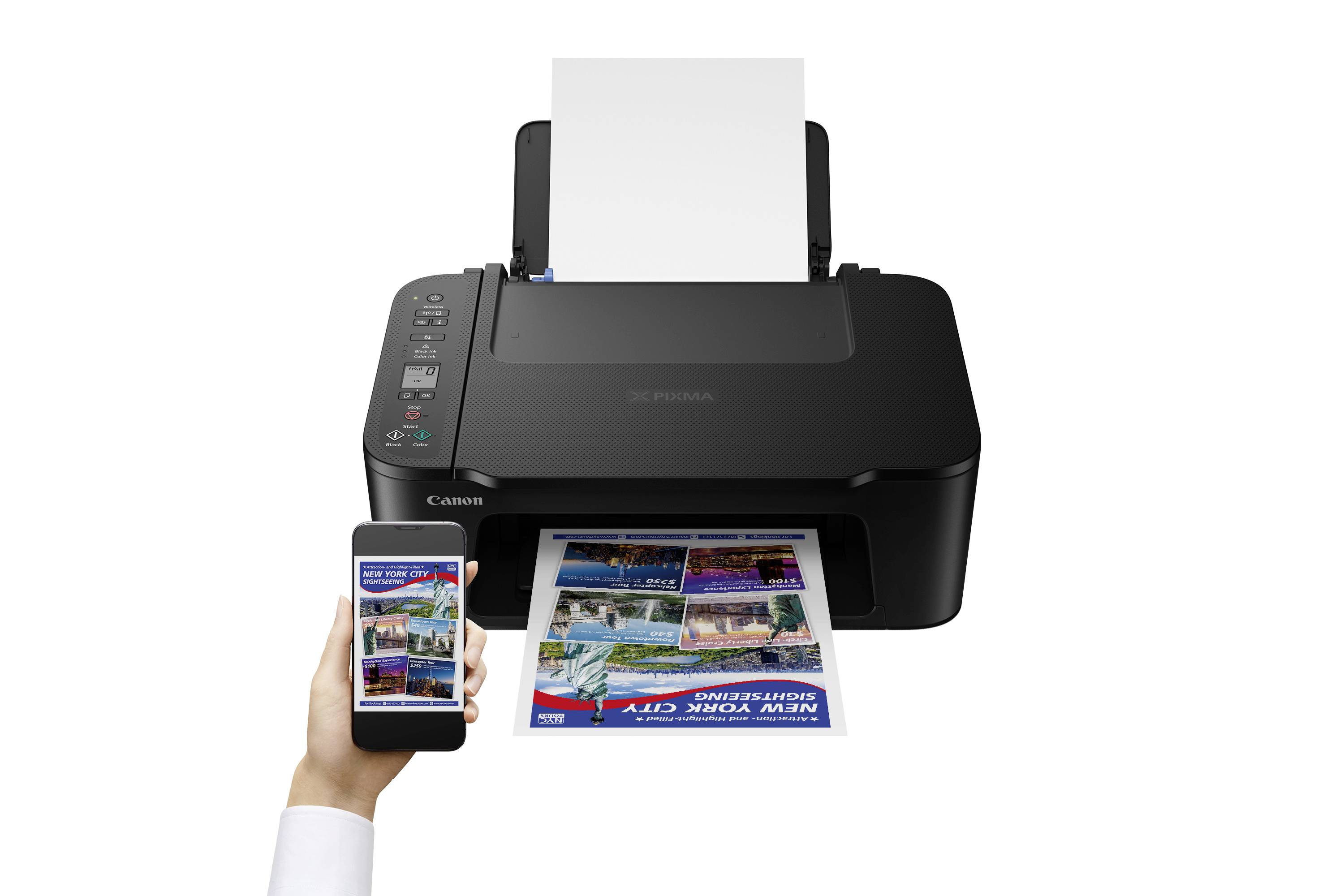 A printer with a printed sheet showing a colourful brochure. A smartphone being held in a hand displaying a similar image.