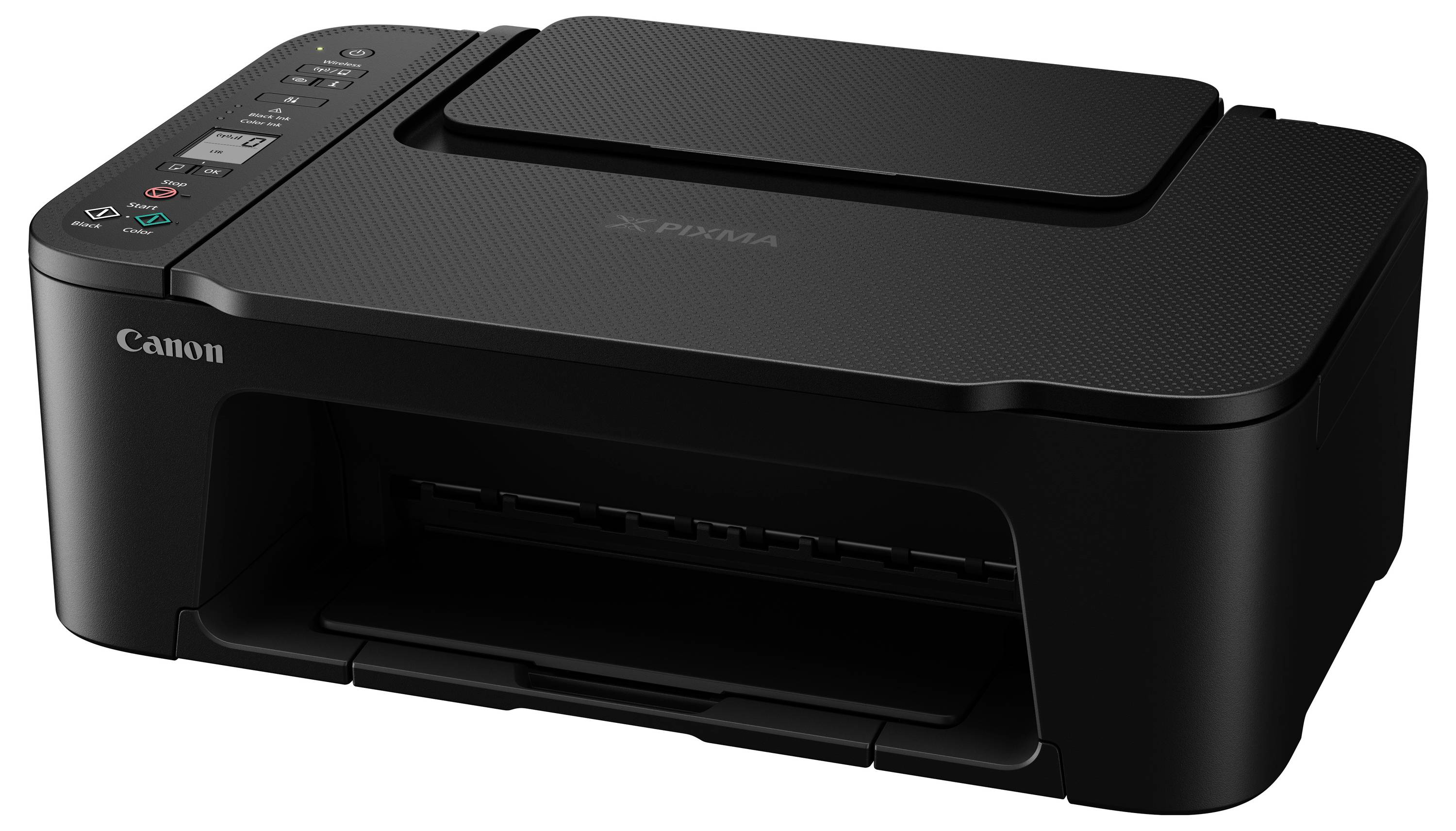 A black, modern desktop printer with a display and buttons on the left side. Brand logo visible.