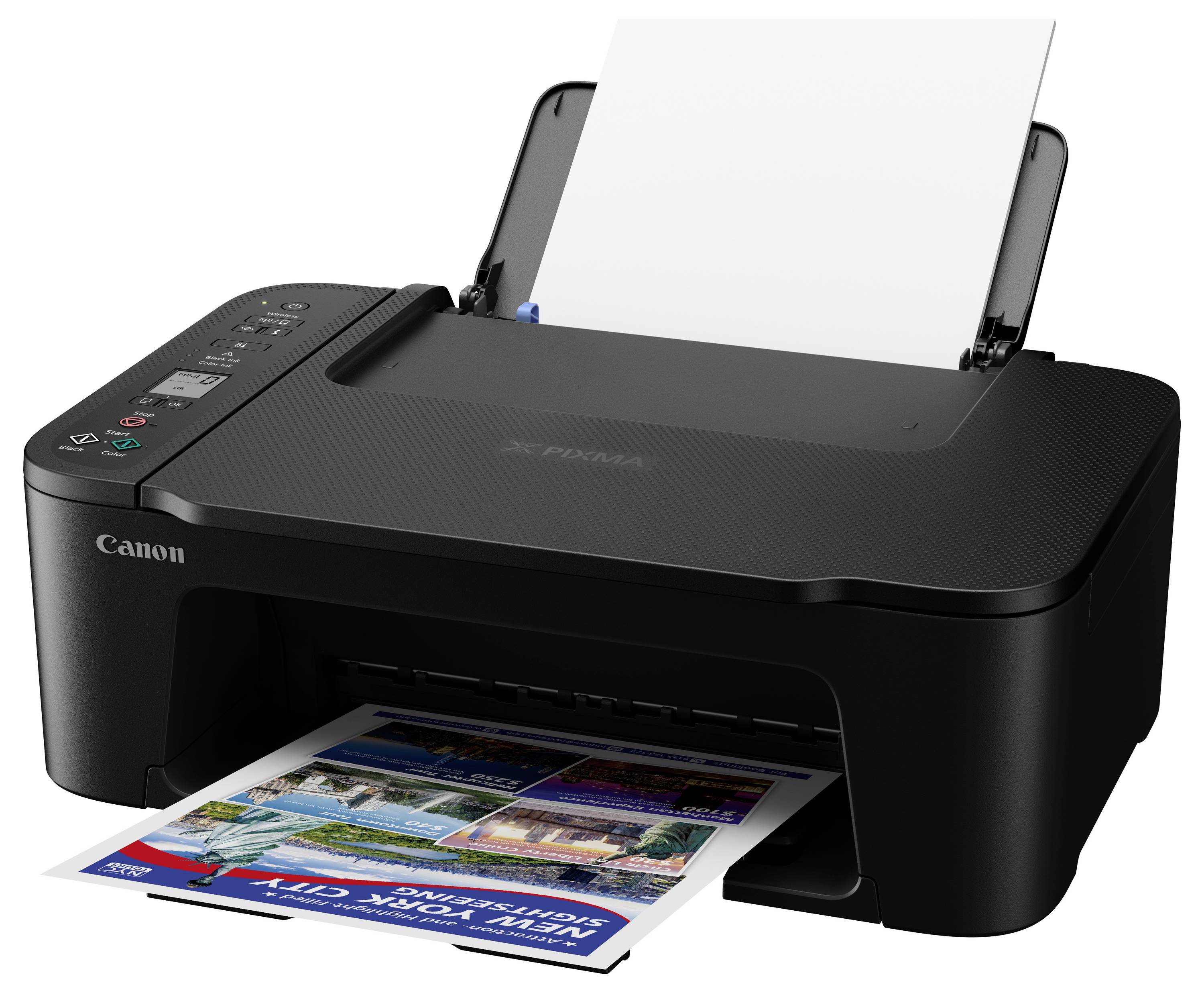 A black Canon printer is printing a colour document. Paper feed located at the top, control panel visible on the side.