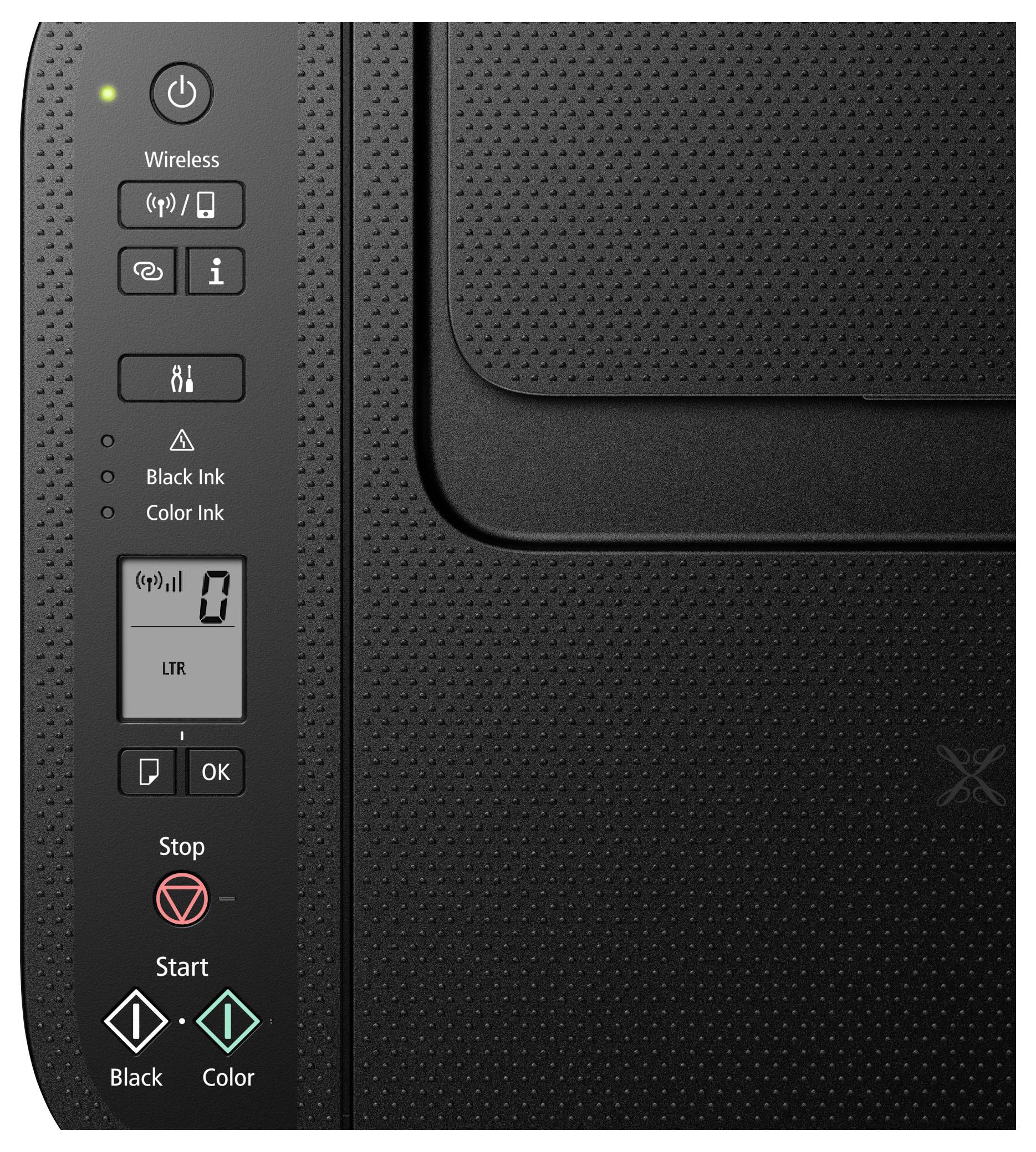 Black printer control panel with LED display, buttons for wireless printing and printer settings. Start and stop buttons.