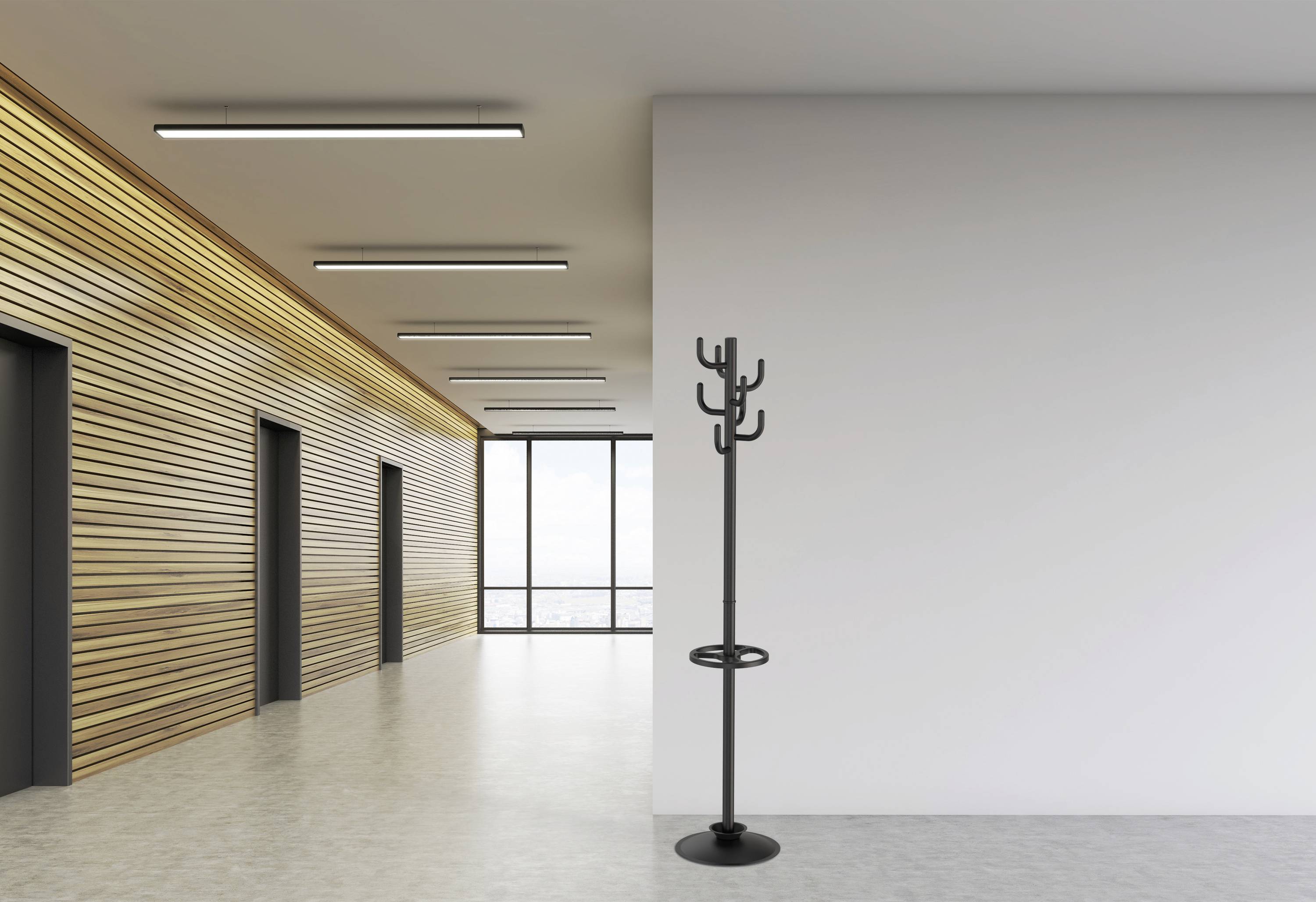 An empty corridor with wooden walls, several doors and a window at the end. A black coat stand is positioned to the right in front of a white wall.