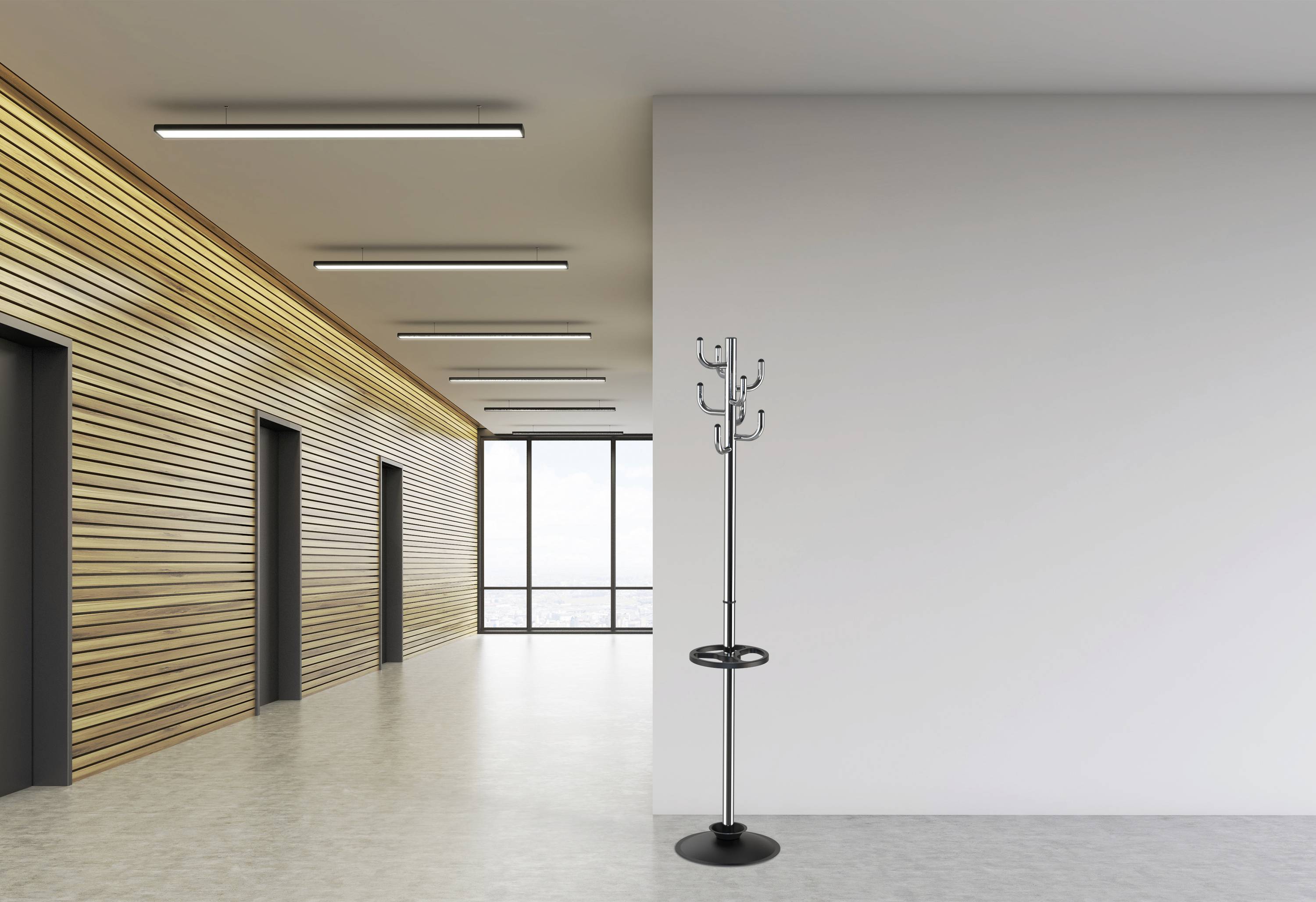 An empty corridor with a wooden wall and three closed doors on the left. A black coat stand stands against a light wall on the right. Windows in the background.