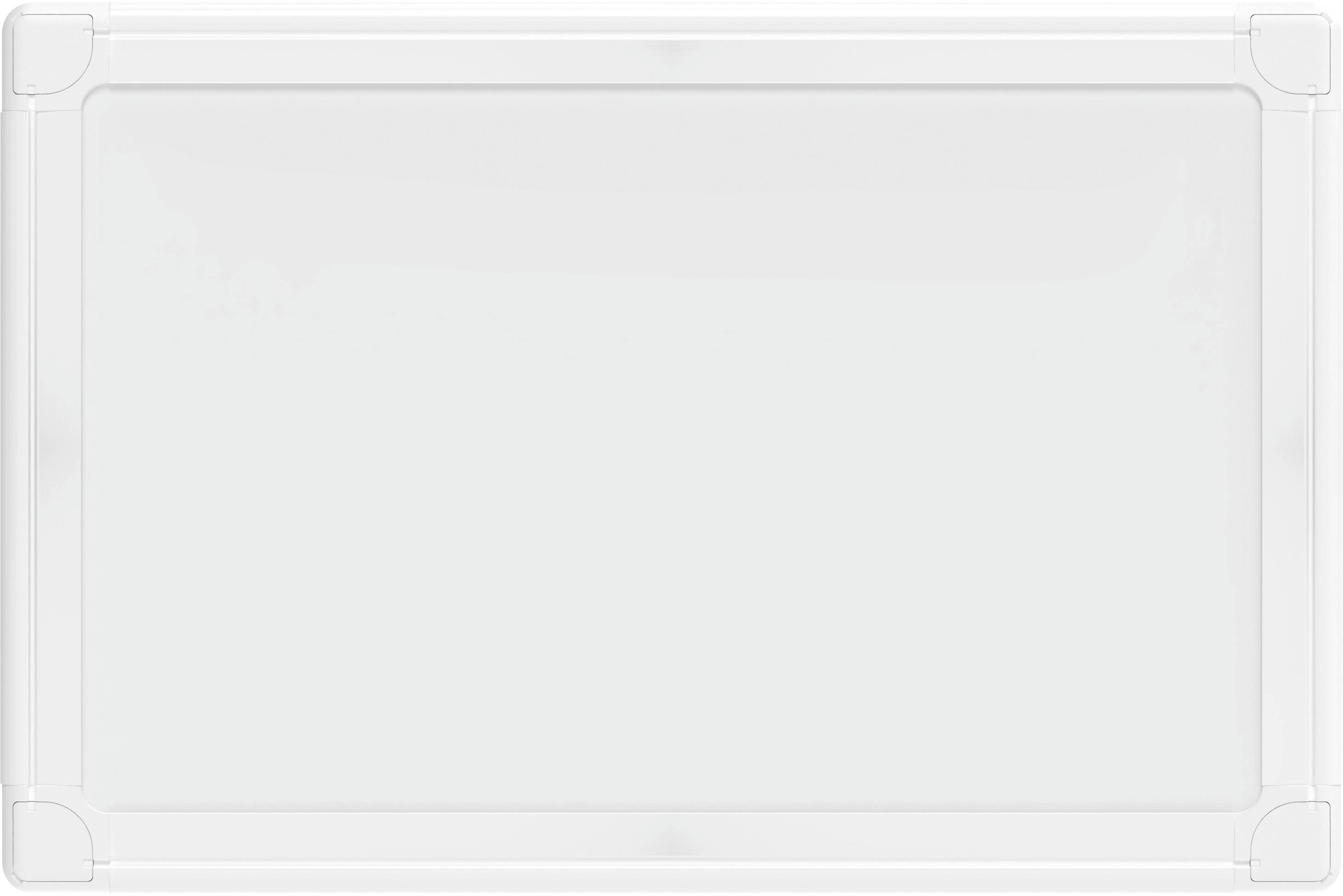 A blank whiteboard in a rectangular frame, ready for writing or drawing.