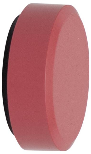 Red, round magnet viewed from the side, showing a simple smooth surface without labels or additional features.