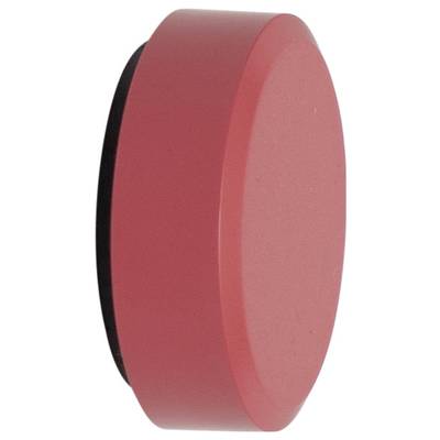 Red, round magnet viewed from the side, showing a simple smooth surface without labels or additional features.