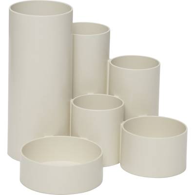 Six plastic cylindrical containers of varying sizes in beige, arranged side by side. Suitable for office or household use.