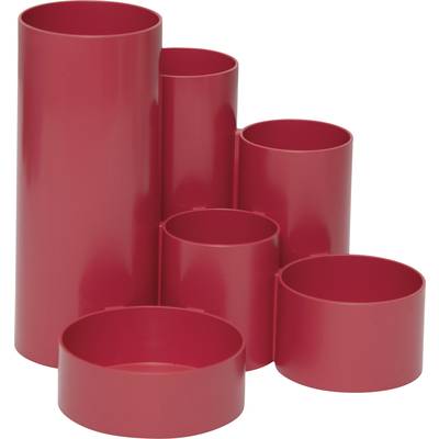 Six red cylinders of varying sizes stand side by side. Designed for storage or decorative purposes.