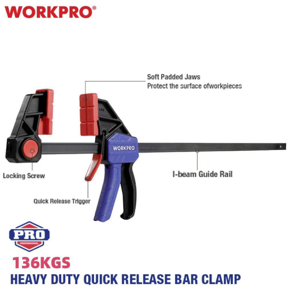 Black and red quick-release G-clamp with soft jaws, locking screw, trigger, and guide rail. Load capacity: 136 kg.