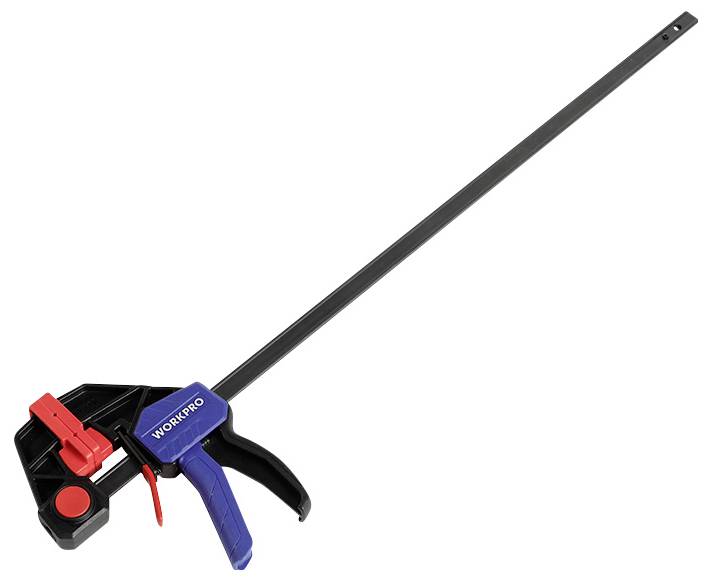 A one-handed clamp with blue and red clamping mechanism, bearing the name 'WORKPRO', used for securely fixing materials.