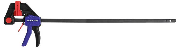 A quick-release clamp in blue and red with a long, black bar. It is used for securely fixing workpieces.