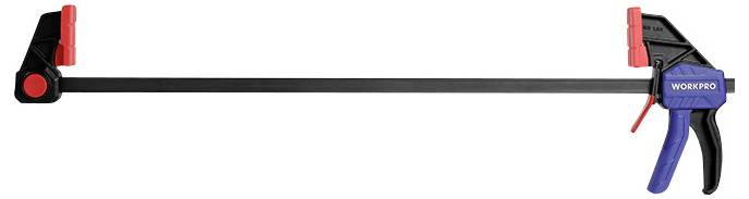 Clamp with a black bar, blue handle, and red clamping jaws. A tool used for securing or holding objects.