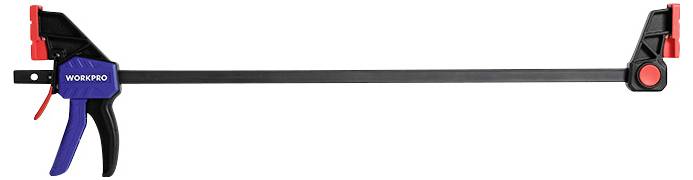 A black clamp with a blue handle and red accents. Suitable for holding materials during work.