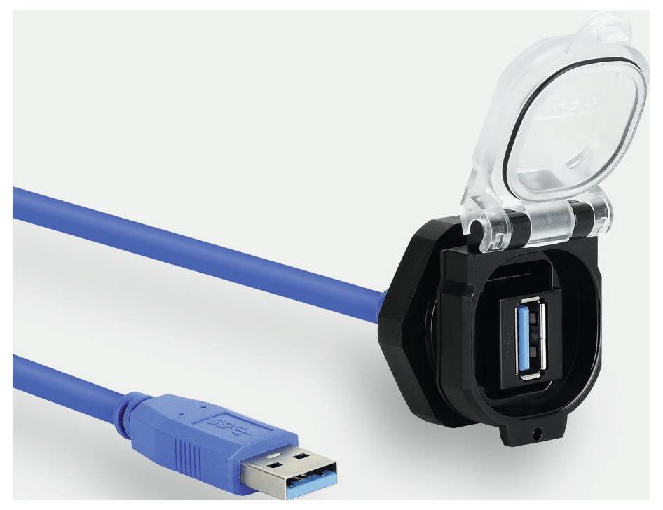 Mounting socket USB-3.0 A/A F/M 180° 1.5 PVC PC with hinged lid USB-3.0 A/A F/M 180° 1,5m PVC PC 493113.0150 Luetze Content: 1 pc(s)