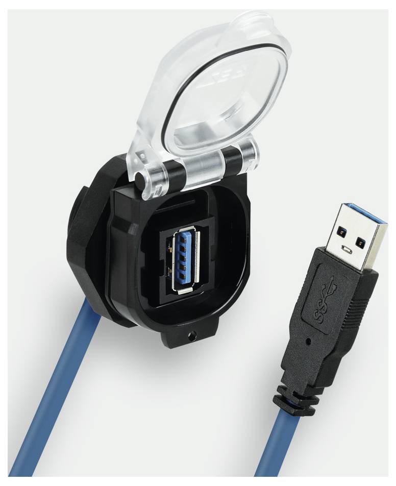USB extension cable in a protective cover, ready to be connected to a device. Plastic housing and transparent lid.