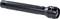 Black torch with a ribbed handle and press button, lying at an angle on a surface.