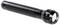 A black torch lies at an angle on a white surface. It has a ribbed design on the handle and a silver reflector.