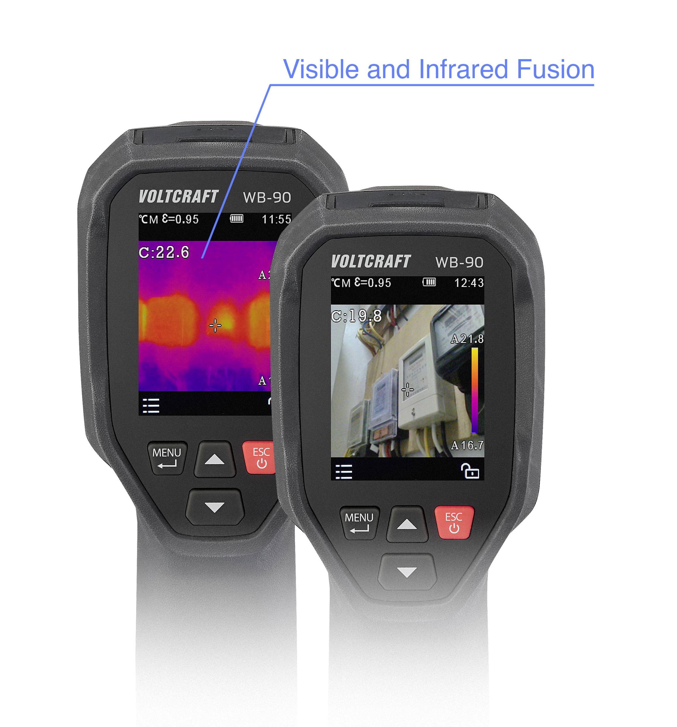 Two temperature measuring devices with infrared and visual image overlay. One shows a colour thermal imaging capture, the other a photograph.