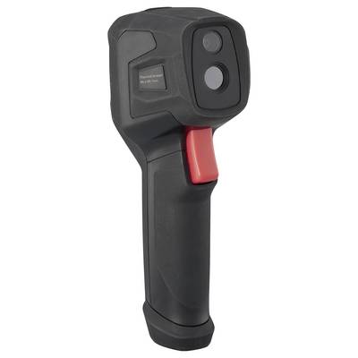 A black infrared camera with a red handle, compact and handy, with two lenses on the front for thermal imaging.