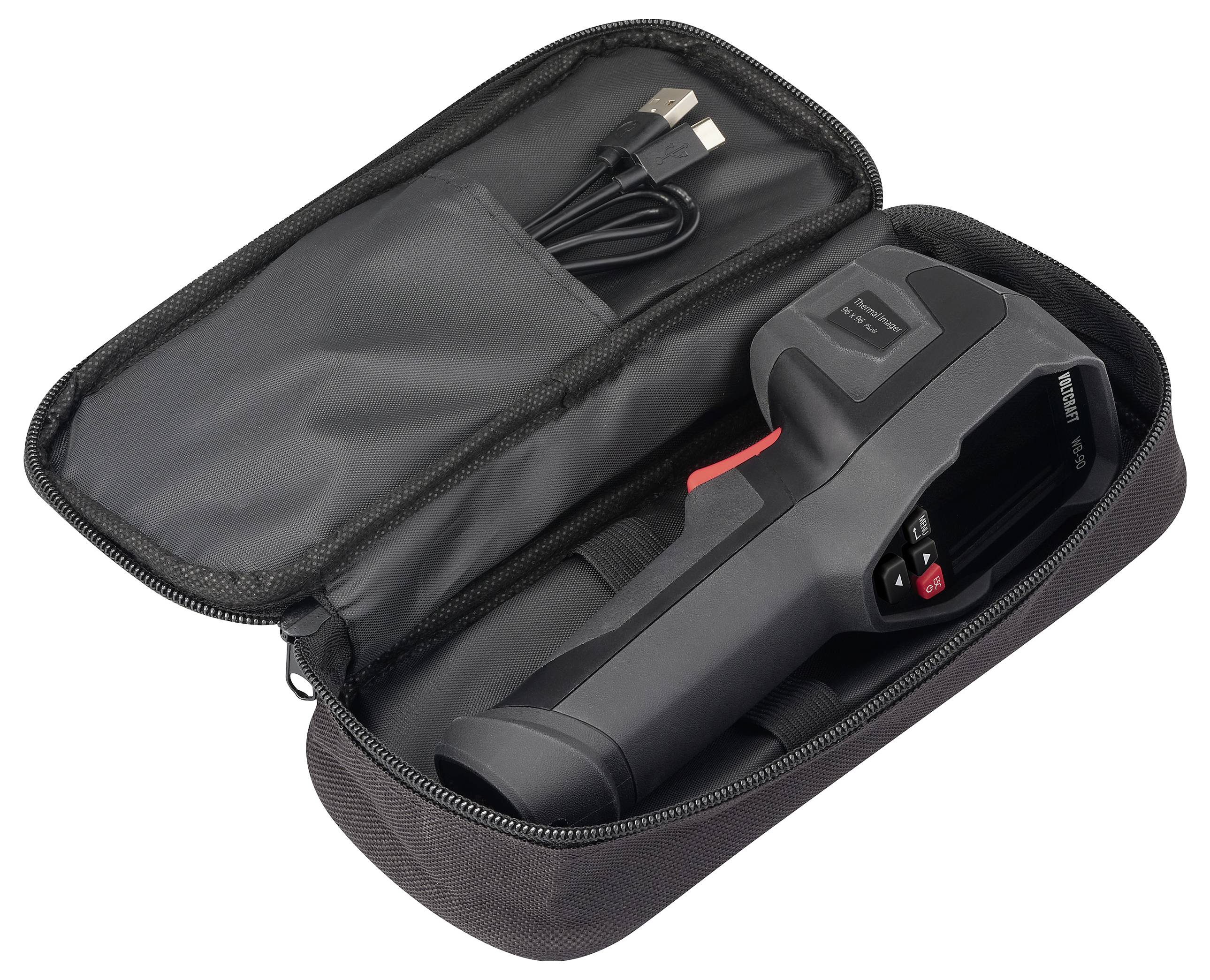 An infrared thermometer with a cable is shown in an open black carry case.