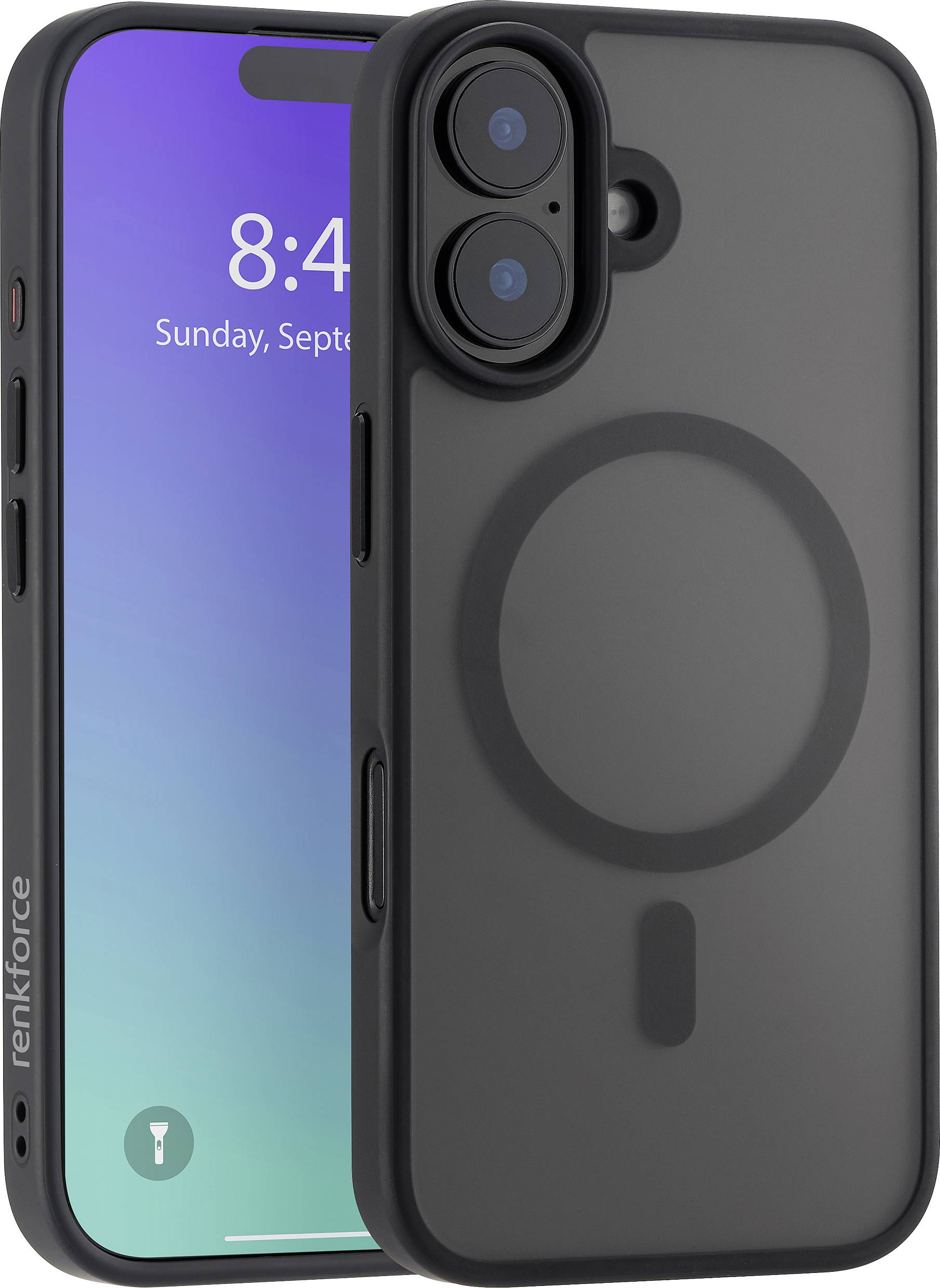 Renkforce RF-6676268 Back cover Apple iPhone 16 Black, Transparent Inductive charging, MagSafe compatibility RF-6676268