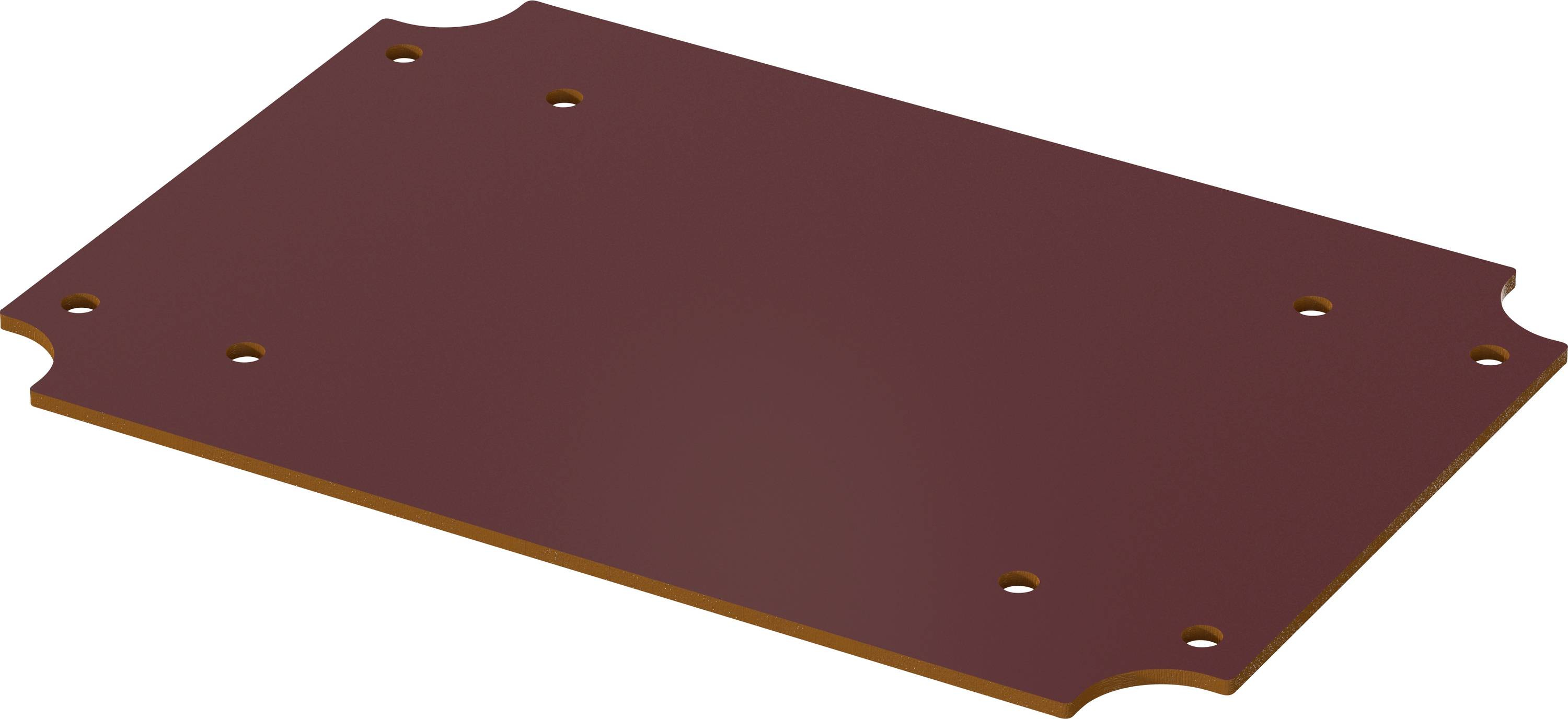 Rectangular, brown insulating plate with cut-outs at the corners and several holes. Used for technological applications.