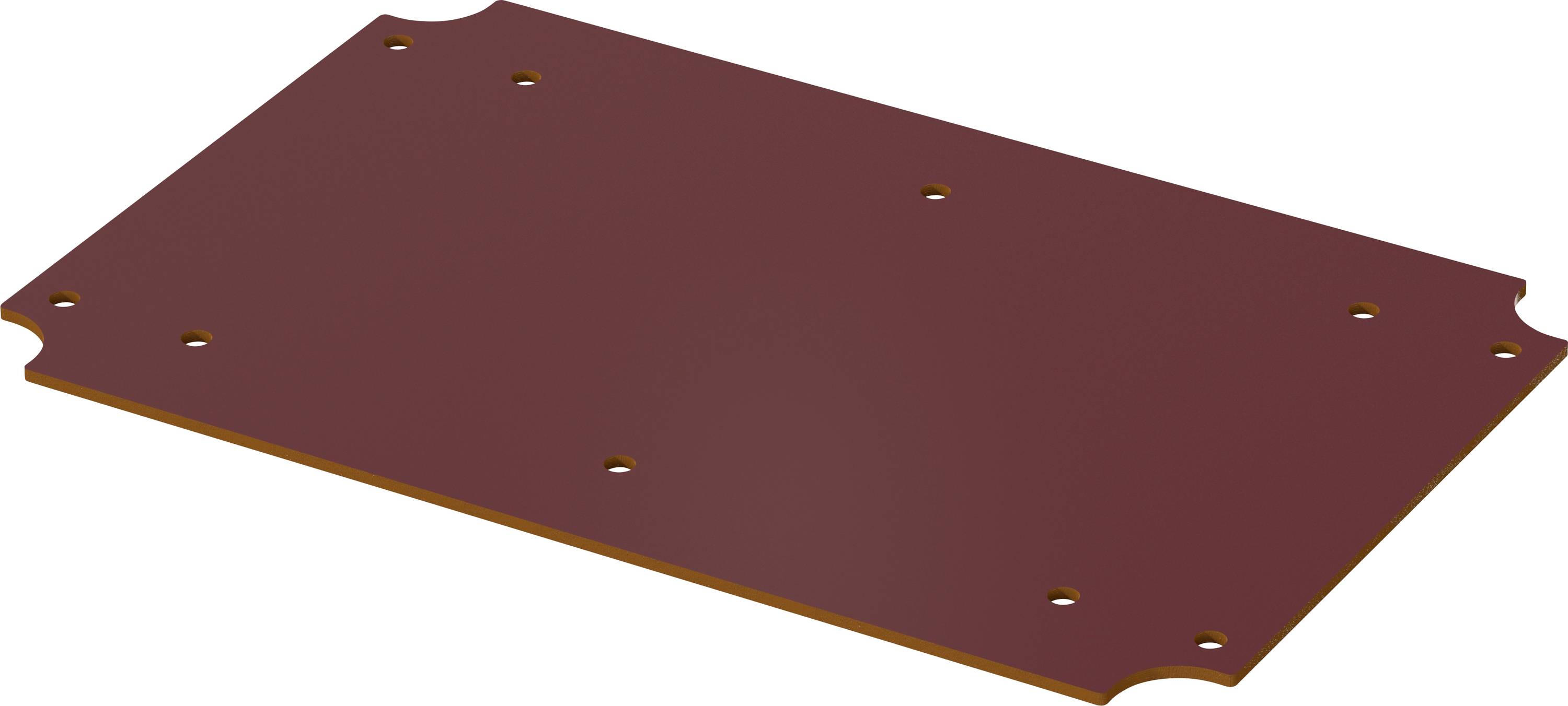 'A rectangular, brown plastic panel with seven pre-drilled holes.'