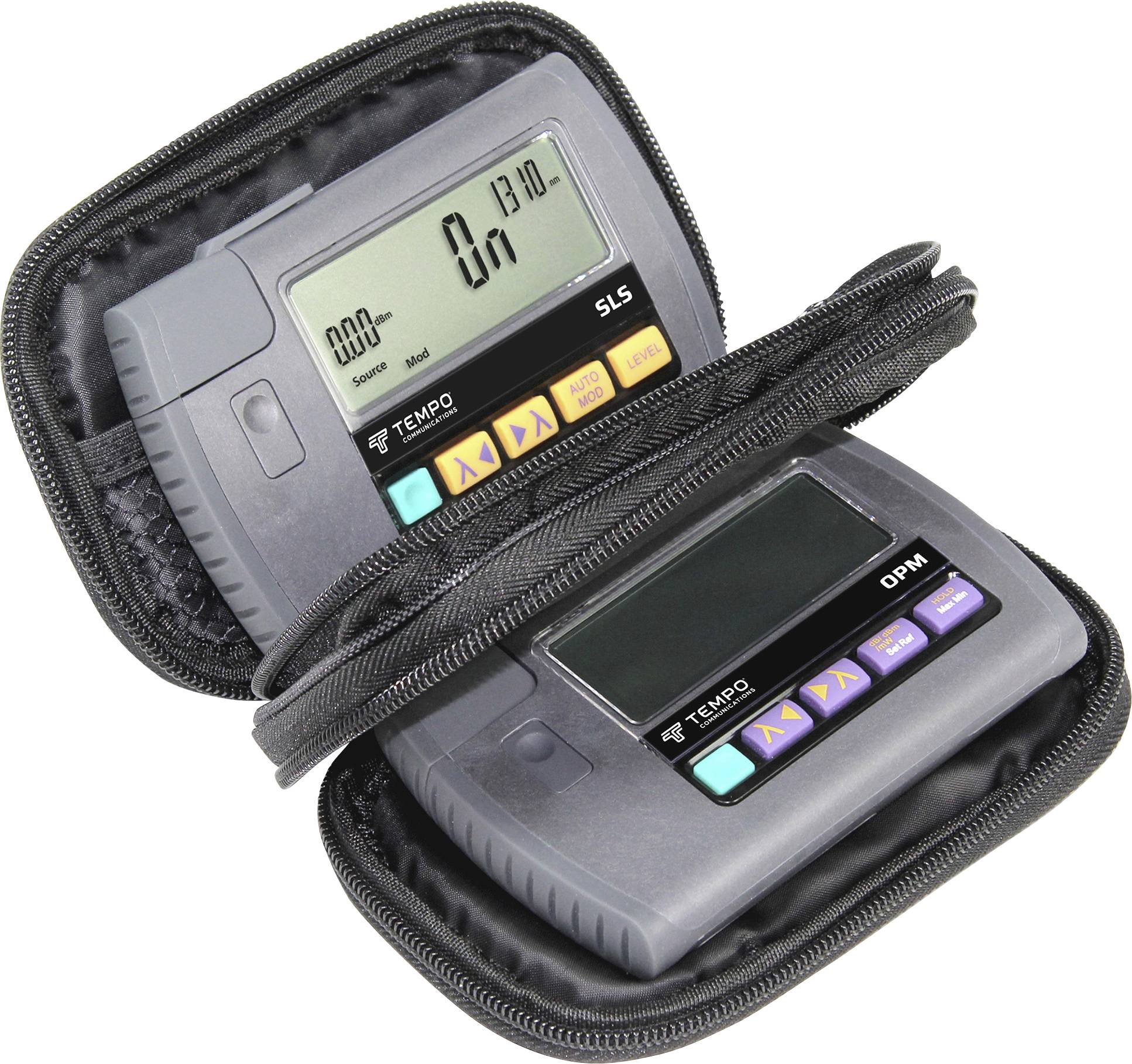 Two digital devices in a carry bag, one displaying '1310 nm' and measurement values. Control buttons with symbols are visible.