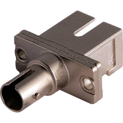 Metallic connector adapter with rectangular housing and circular front connection, suitable for industrial applications.