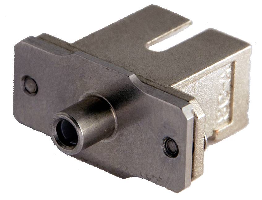 A metallic optical adapter in close-up, showing the central ferrule and two side mounting screws.