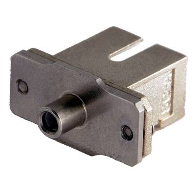 A metallic optical adapter in close-up, showing the central ferrule and two side mounting screws.