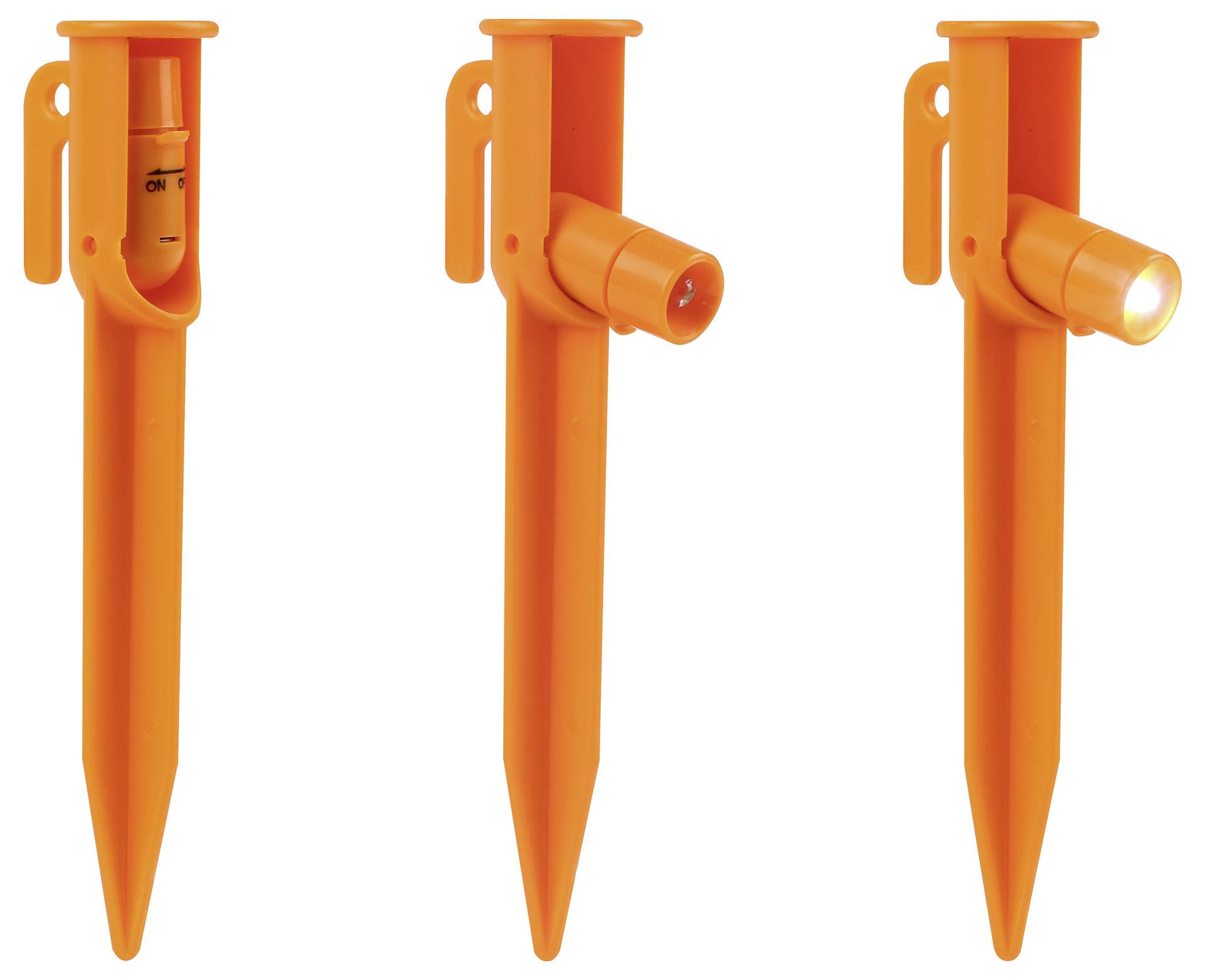 Three orange plastic rods with integrated LED lights, each shown from the front. The right-hand rod has the light switched on.