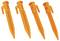 Four orange plastic ground anchoring pegs in a symmetrical configuration.