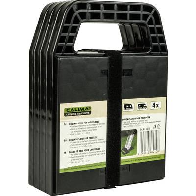 Four black ground plates with handles, for support blocks by Calima Camping Equipment. Packaged with label in multiple languages.
