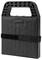 Black, rectangular plastic item with a handle and hook-and-loop fastener, possibly a portable seat cushion or supportive surface.
