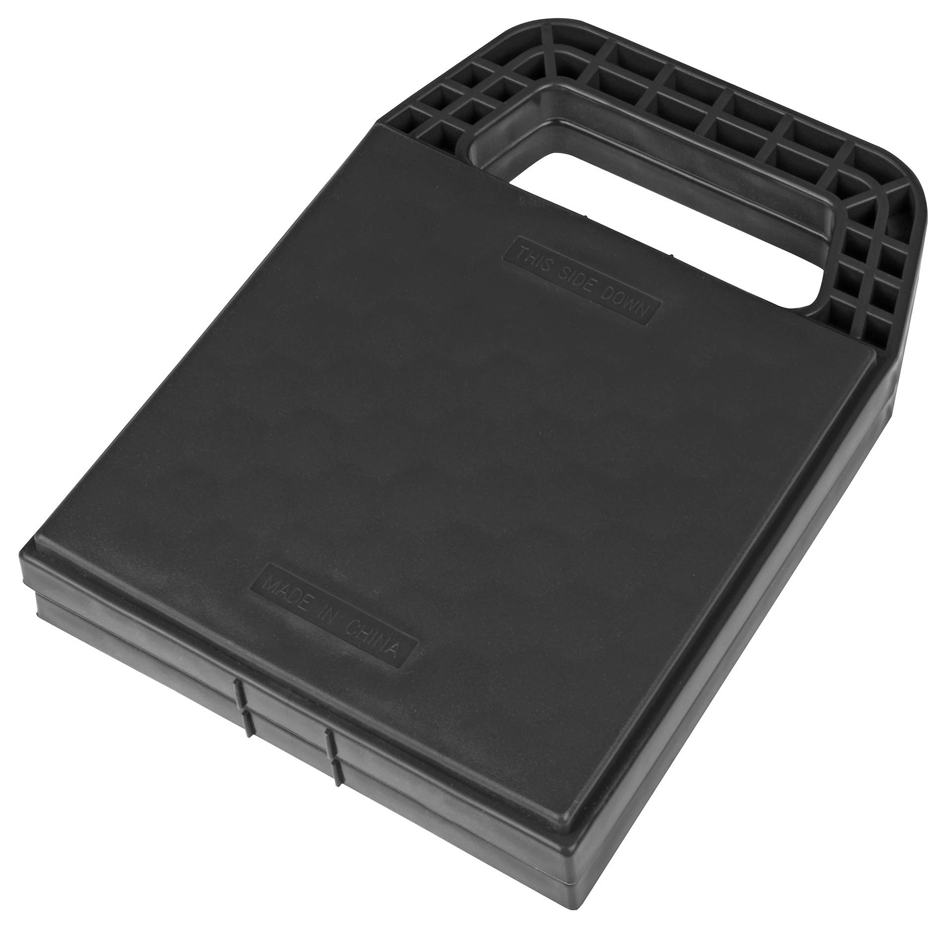 Black plastic plate with carrying handle, square pattern, and textured surface.