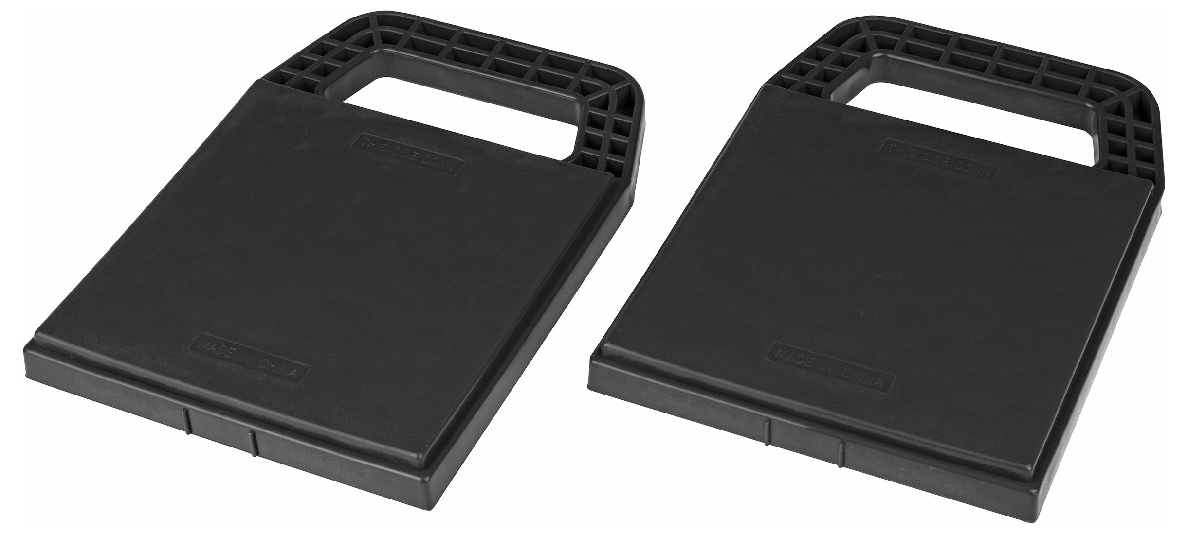 Two rectangular, black plastic plates with handles, lying side by side. Ideal for stabilising vehicle jacks.
