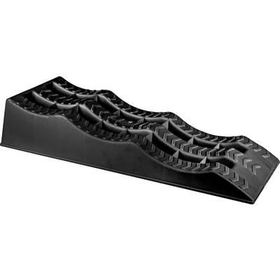 A black plastic wheel chock with wave-patterned grooves for securing vehicle wheels on an angled surface.