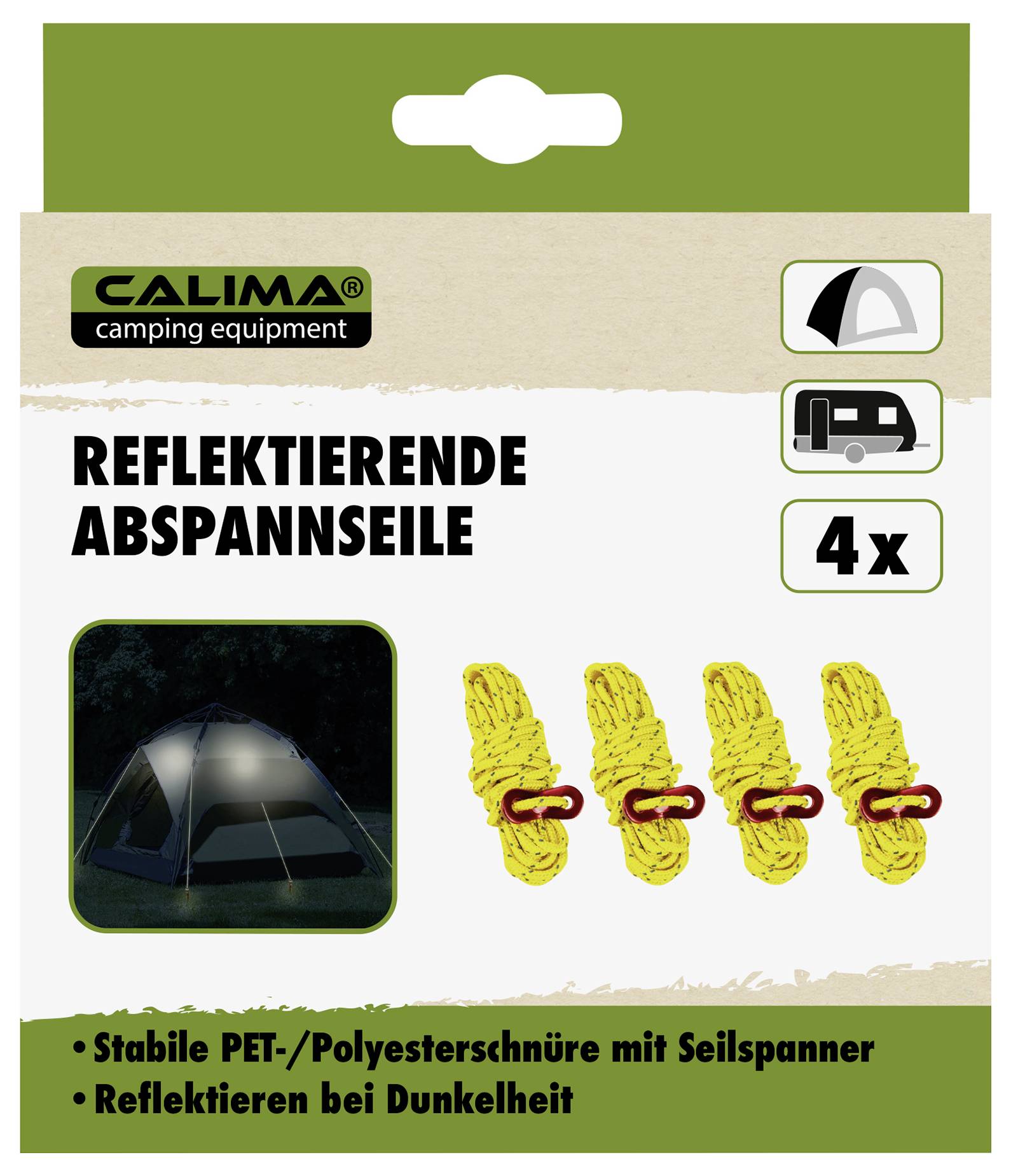 Packaging for reflective guy ropes by CALIMA, showing an image of a tent at night. Contains 4 pieces, emphasising visibility.